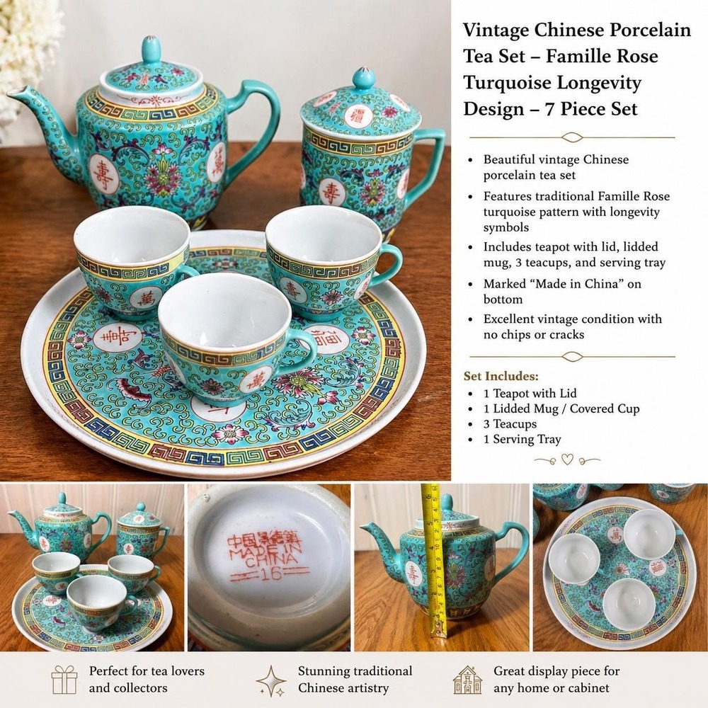 Vintage Chinese Porcelain Tea Set Turquoise Longevity Shou Teapot Tray Cups